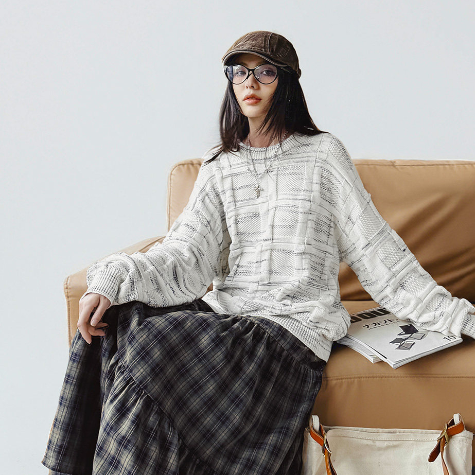 馬登女裝 美式復古寬鬆肌理感圓領套頭撞色針織條紋提花毛衣春秋