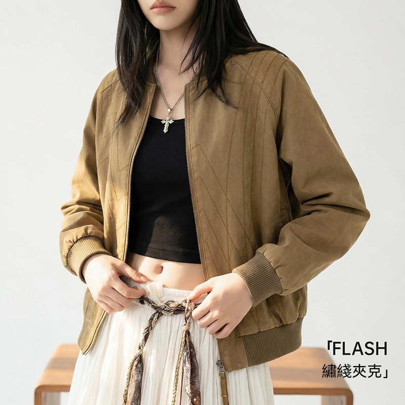 馬登女裝 美式巴恩风棕色飞行棒球服正肩工装夹克短款外套春秋