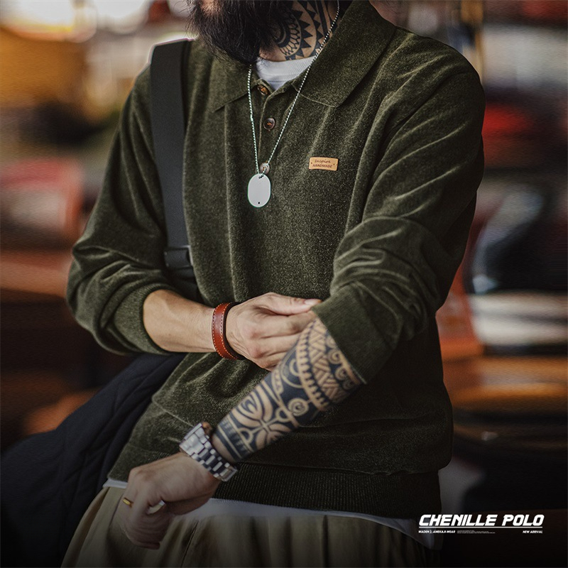 馬登工裝 美式復古雪尼爾半開襟polo衫寬鬆翻領套頭長袖衛衣男秋季