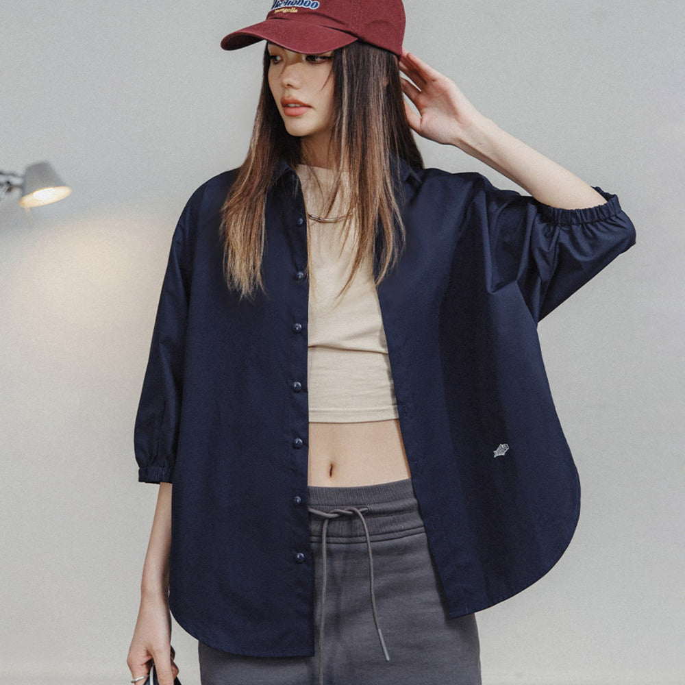 馬登女裝 美式襯衫七分袖寬鬆上衣蝙蝠袖休閒透氣立領外套可疊穿夏季女