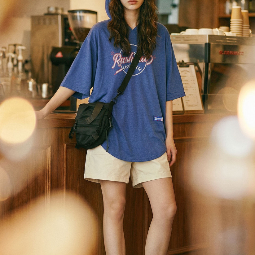 馬登女裝 復古寬鬆印花萊賽爾天絲弧形下擺連帽短袖T恤半袖上衣夏