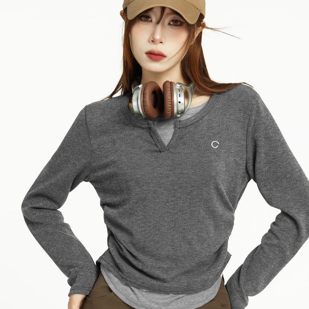 V領假兩件長袖T恤女春秋設計感小眾修身正肩打底衫上衣