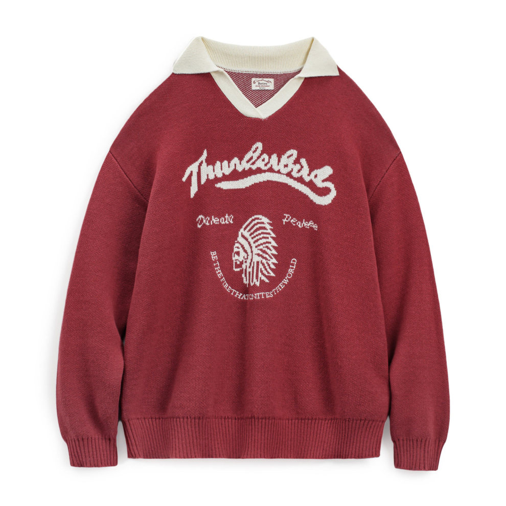 馬登女裝 復古酒紅撞色V翻領寬鬆套頭提花保暖加厚毛衣針織衫上衣秋冬