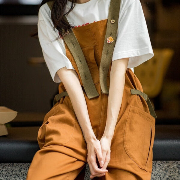 馬登女裝 美式復古减齡寬鬆背帶褲大口袋直筒吊帶連體工裝長褲