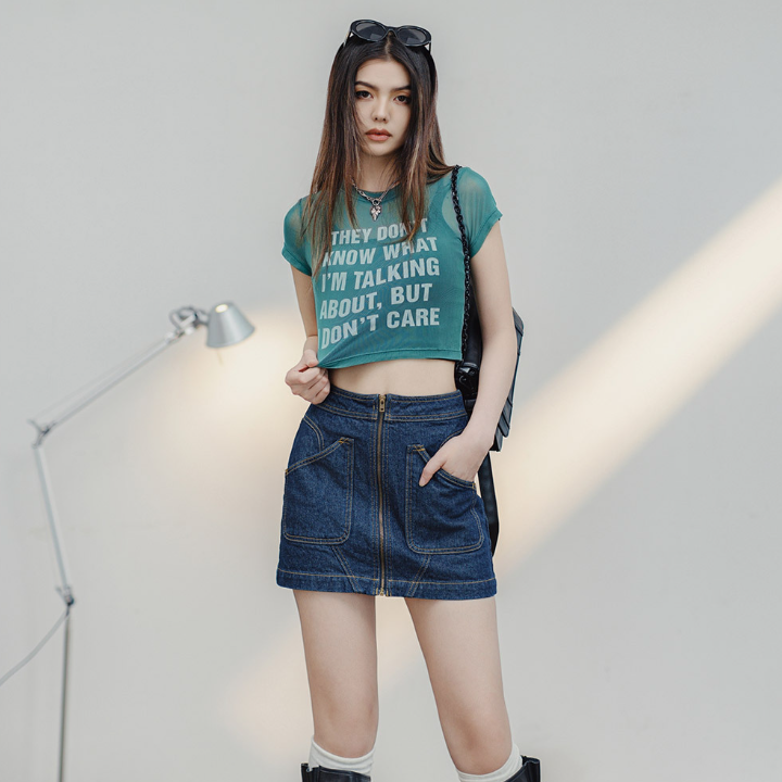 馬登女裝 復古拼接牛仔短裙修身百搭拉鍊設計感牛仔藍A字半身短裙