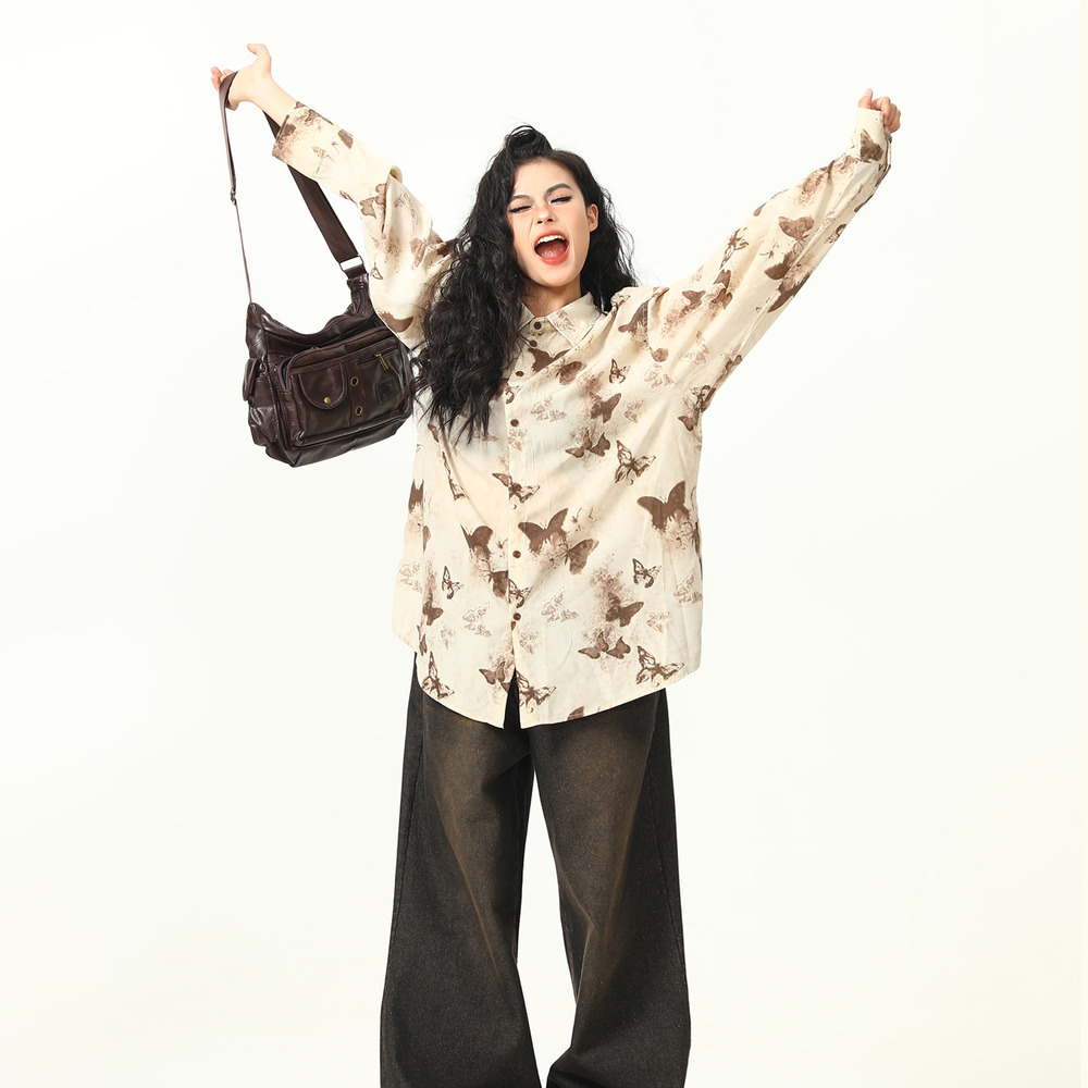 古著感蝴蝶印花短袖襯衫女美式個性夏季涼感襯衣