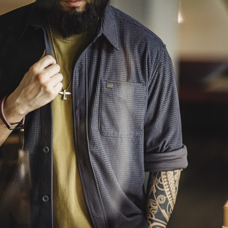 馬登工裝 美式復古玉米粒格子襯衫翻領純色休閒鬆弛感長袖襯衣男春秋