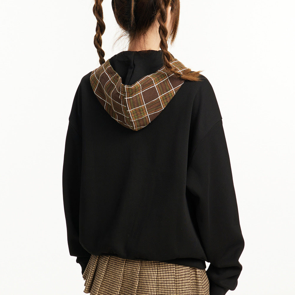 美式復古黑色拉鍊連帽衛衣外套秋冬寬鬆情侶套頭格子帽衫