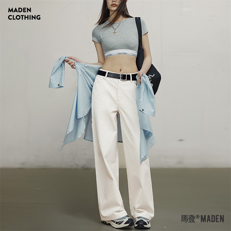 馬登女裝 美式復古棉籽殼白色伐木工直筒褲純棉百搭休閒工裝褲