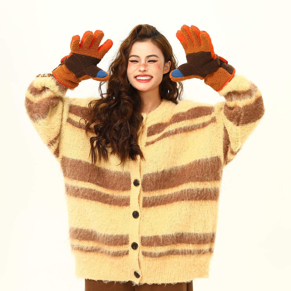 美式復古軟糯仿貂毛針織衫外套秋冬條紋慵懶寬鬆情侶外套