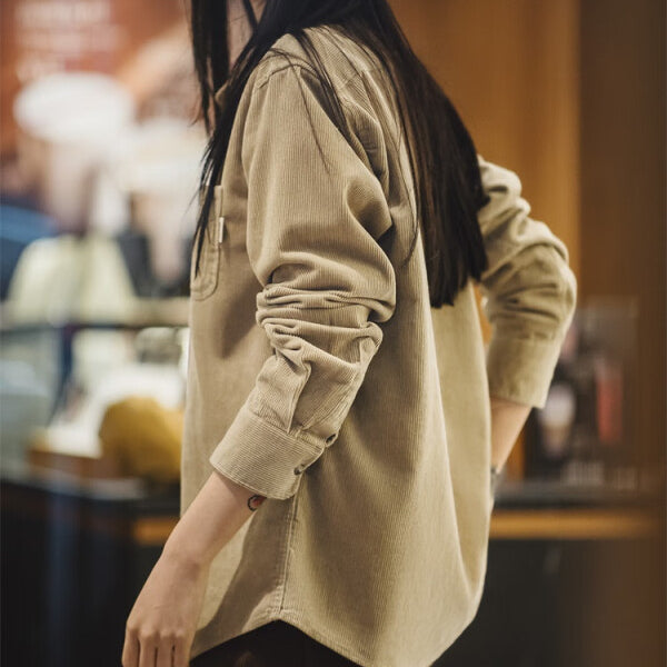 馬登女裝 美式復古燈芯絨襯衫寬鬆內搭休閒翻領長袖襯衣