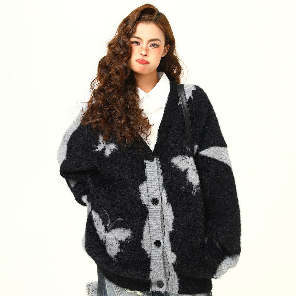 美式復古設計感蝴蝶針織開衫毛衣秋冬慵懶寬鬆情侶針織外套