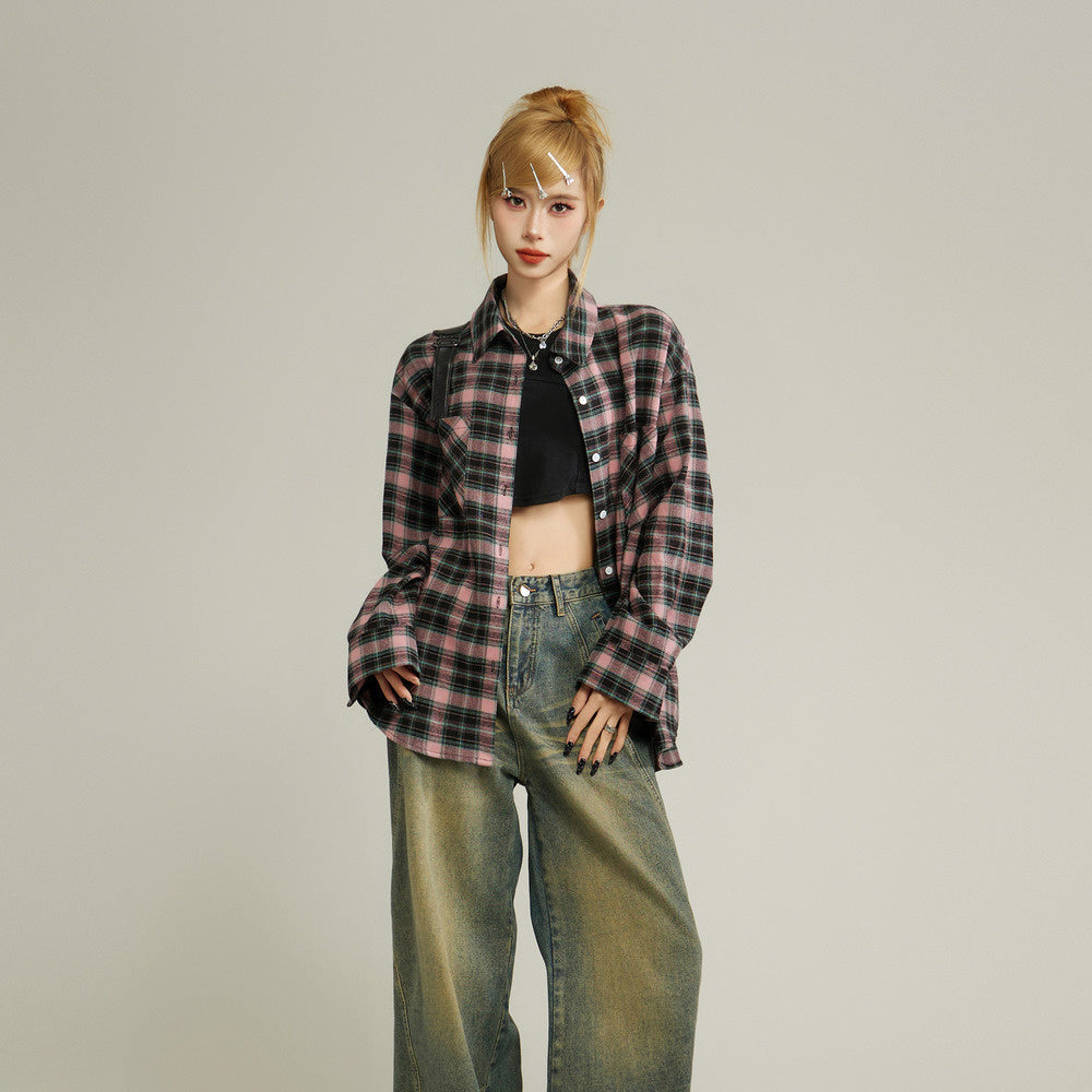 美式復古格子長袖襯衫外套女秋設計感小眾襯衣上衣