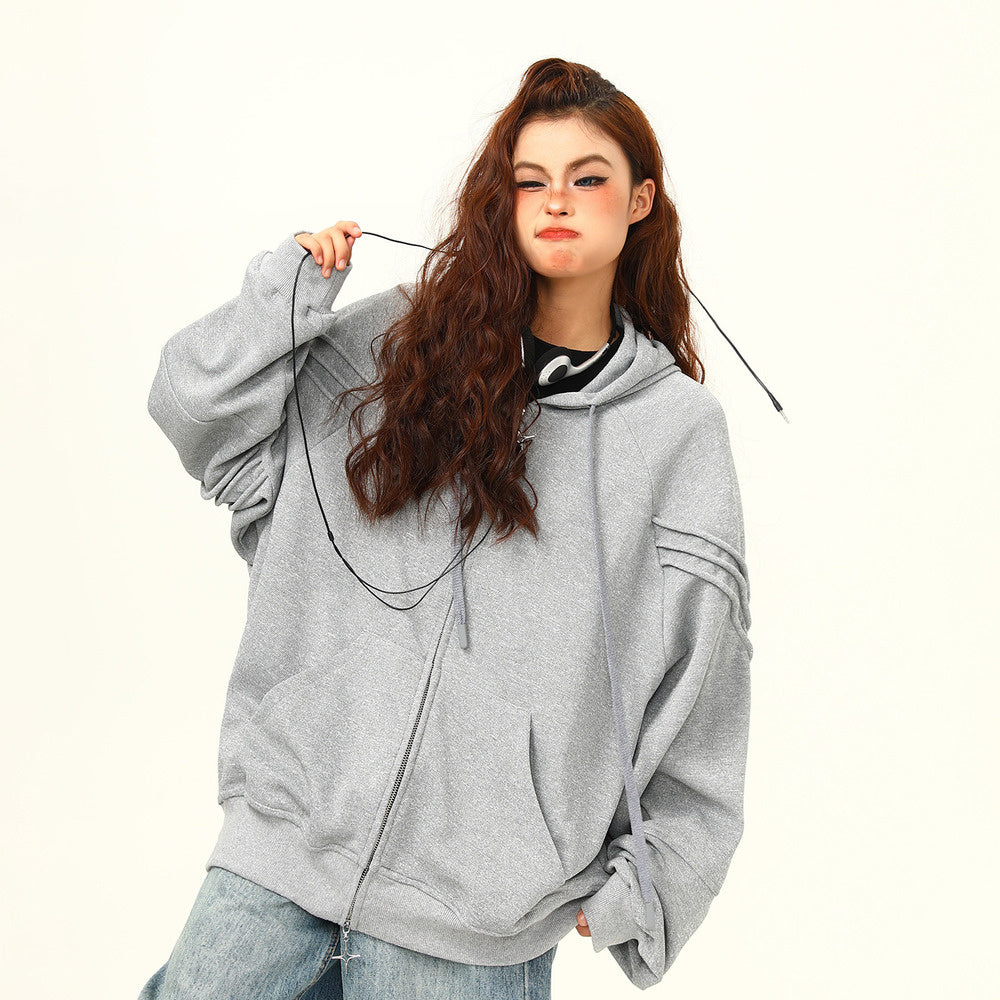 早秋衛衣外套小眾高級感拉鏈外套寬鬆灰色慵懶情侶上衣