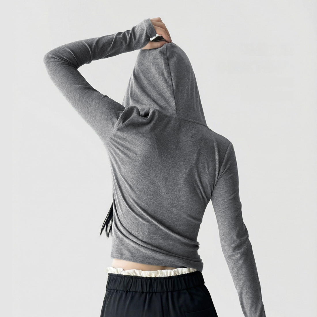 馬登女裝 灰色V領連帽半拉鍊上衣短款修身顯瘦長袖T恤打底衫春