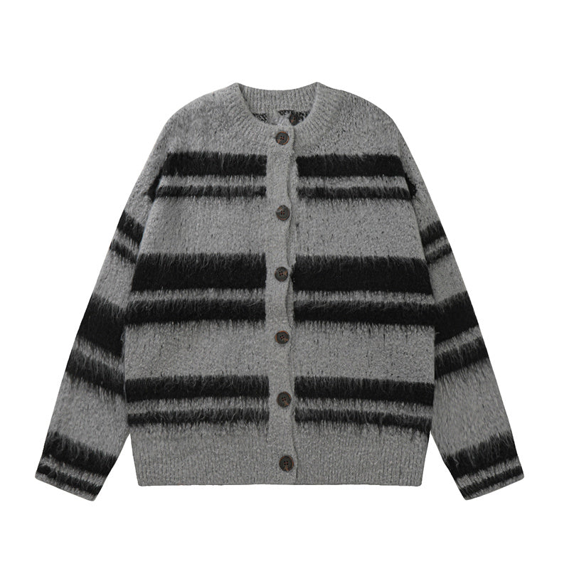 美式復古軟糯仿貂毛針織衫外套秋冬條紋慵懶寬鬆情侶外套