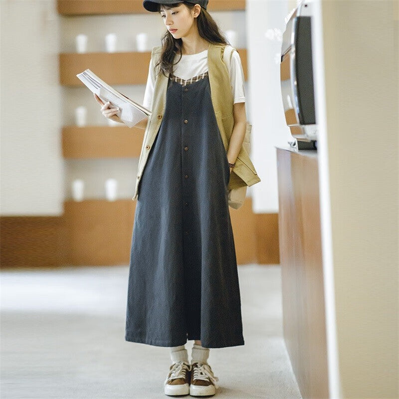 馬登女裝 復古格紋拼接背帶裙寬鬆顯瘦吊帶A字連衣長裙