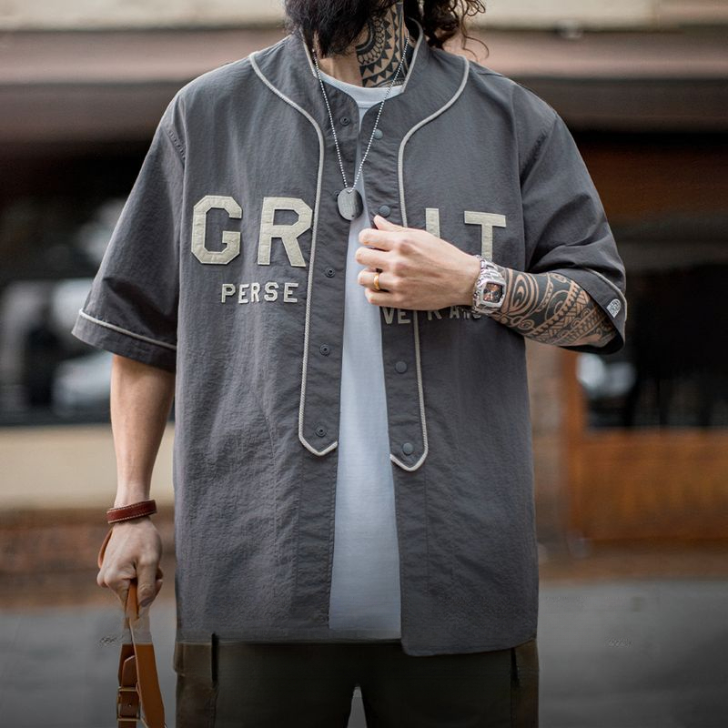 馬登工裝 美式休閒GRIT棒球服貼布繡襯衫日系灰色薄款襯衣男春夏