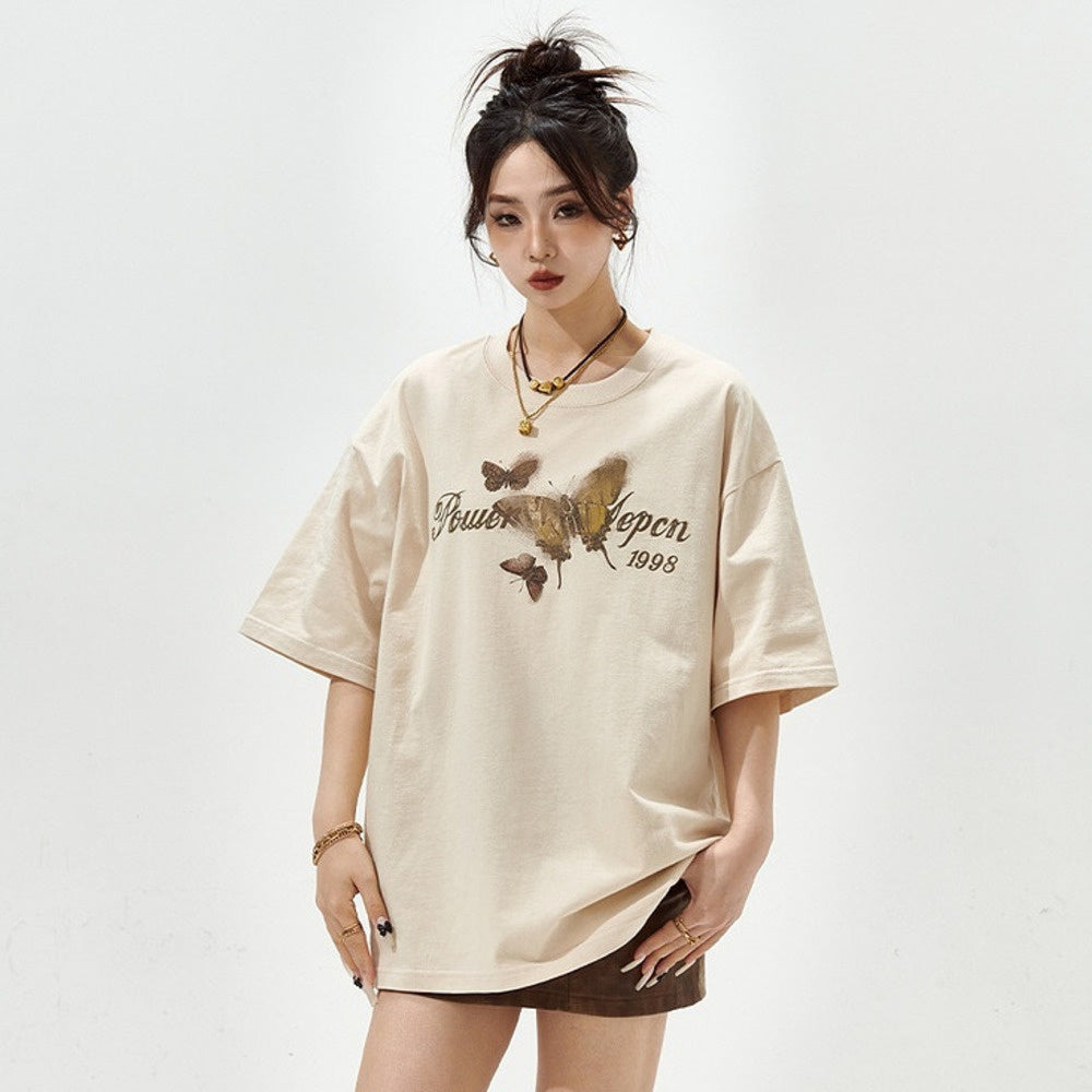 復古蝴蝶印花短袖T恤女寬鬆潮牌純棉半袖情侶上衣
