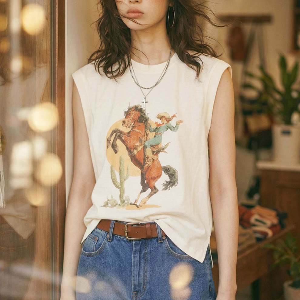 馬登女裝 美式復古薄款西部風印花無袖坎肩T恤背心上衣女士夏外穿