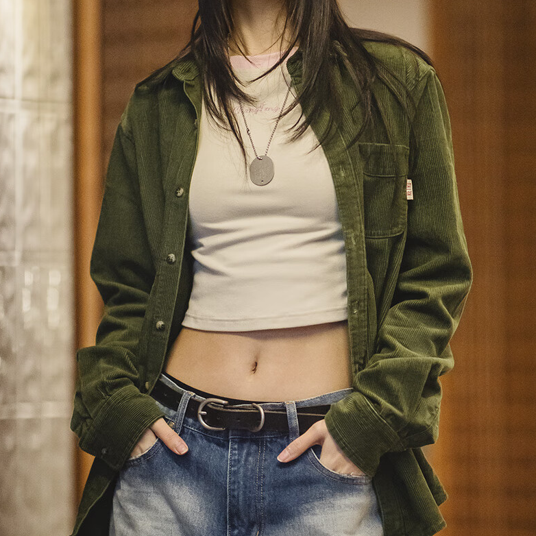 馬登女裝 美式復古燈芯絨襯衫寬鬆內搭休閒翻領長袖襯衣