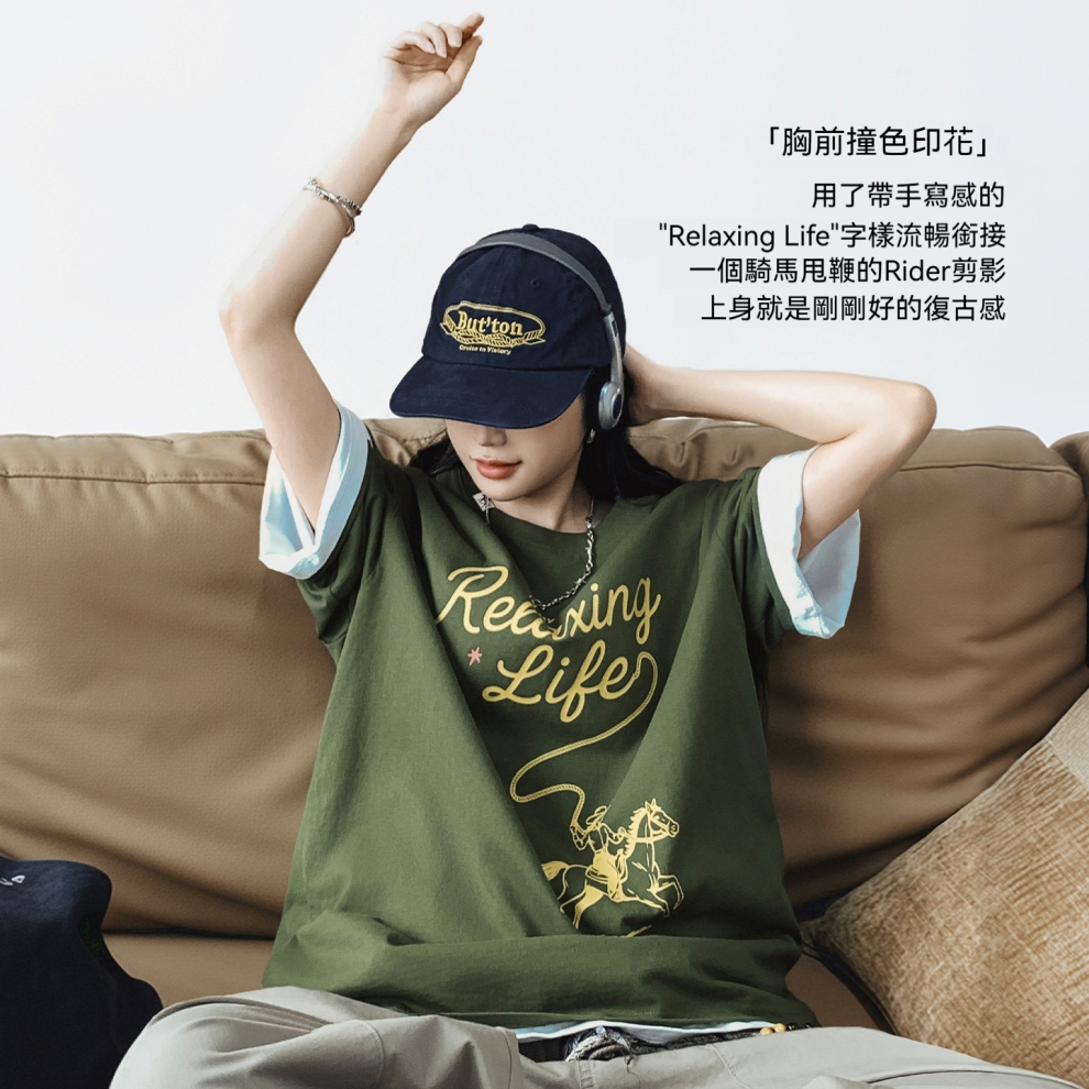 馬登女裝 美式復古墨綠色圓領純棉寬鬆落肩袖印花短袖T恤上衣夏季