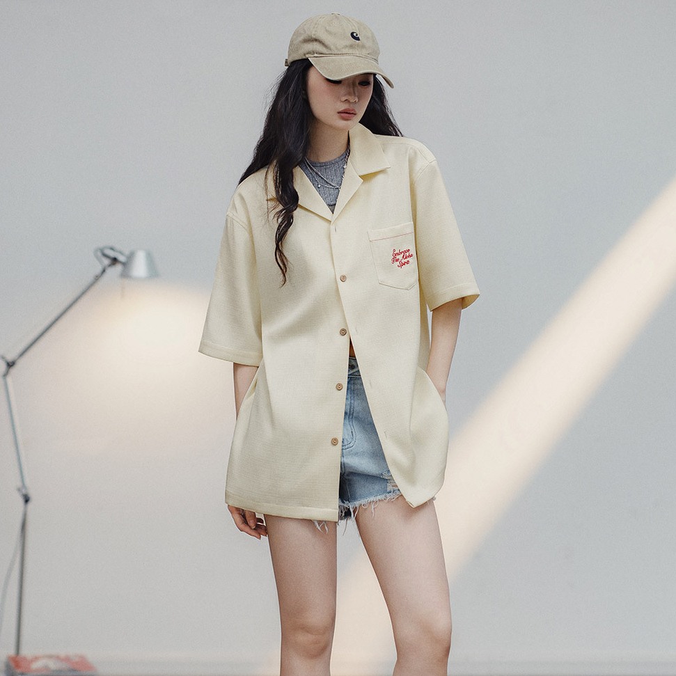 馬登女裝 夏威夷刺繡襯衫設計感寬鬆休閒T恤美式復古短袖襯衣夏季