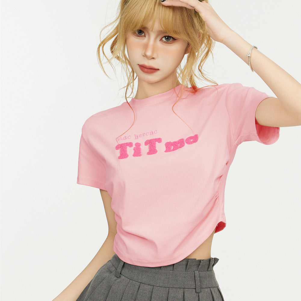 美式白色短袖刺繡T恤女夏季正肩設計感小眾修身短款上衣