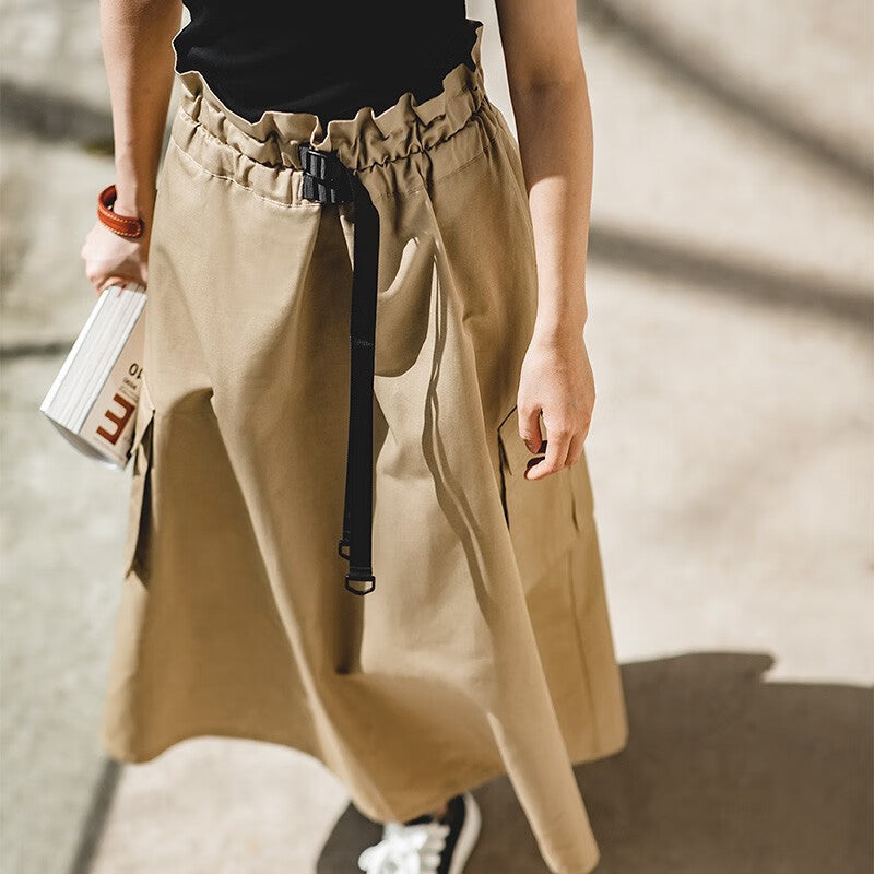 馬登女裝 復古半身長裙高腰顯瘦A字裙百搭口袋工裝傘裙