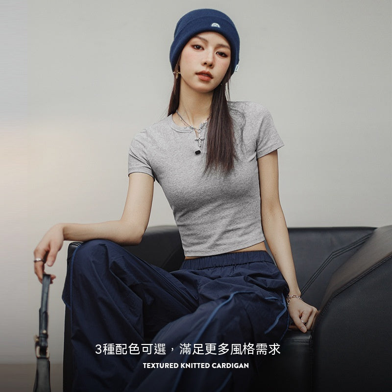 馬登女裝 美式亨利衫短袖正肩修身純棉T恤內搭打底衫短款辣妹上衣