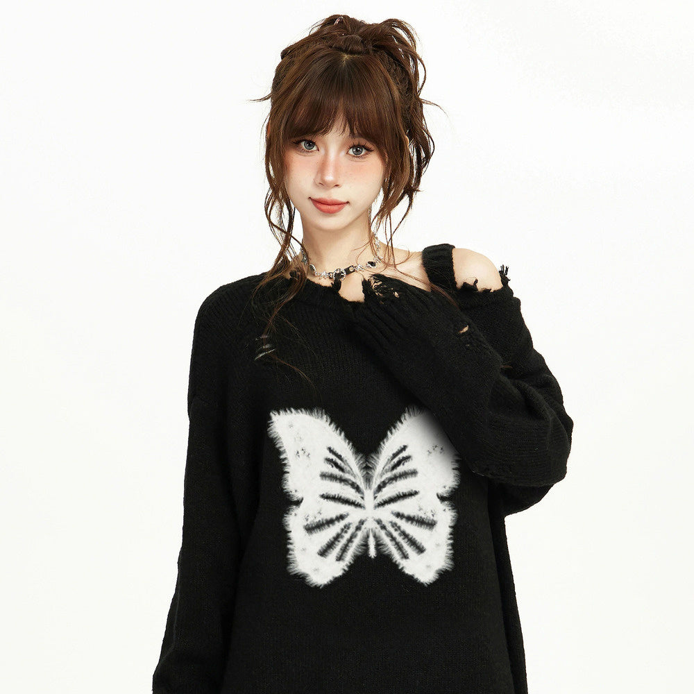 美式復古黑色露肩毛衣女秋冬季慵懶風oversize設計感針織衫