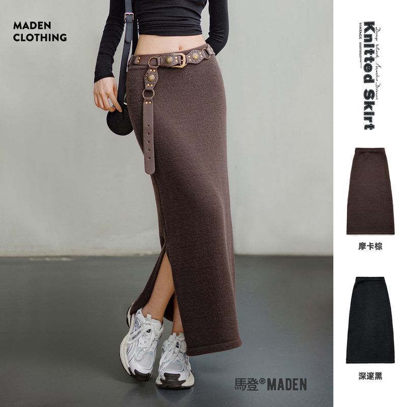 馬登女裝 美式針織半身裙設計感修身開叉包臀裙一步長裙秋冬