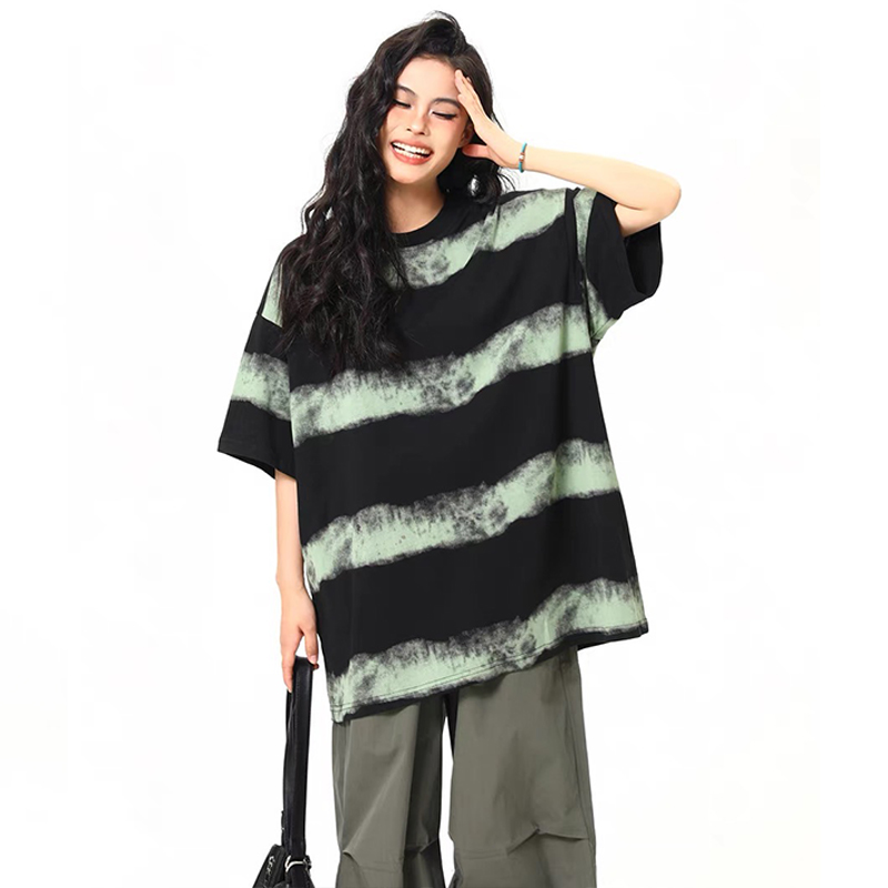 夏季新品紮染條紋短袖T恤女夏季寬鬆美式復古上衣