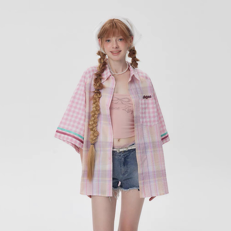 美式復古拼接粉色格子設計感短袖襯衫女寬鬆襯衣外套