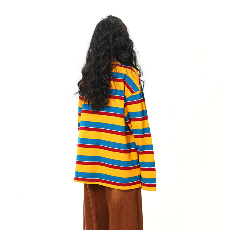 美式復古彩虹條紋長袖衛衣T恤女撞色氛圍感秋季寬鬆上衣