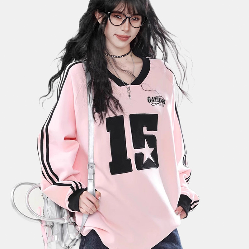 粉色多巴胺正肩V領寬鬆長袖衛衣春秋套頭運動上衣情侶