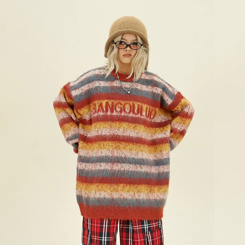 美式復古彩色條紋設計感毛衣寬鬆慵懶風套頭針織毛衣