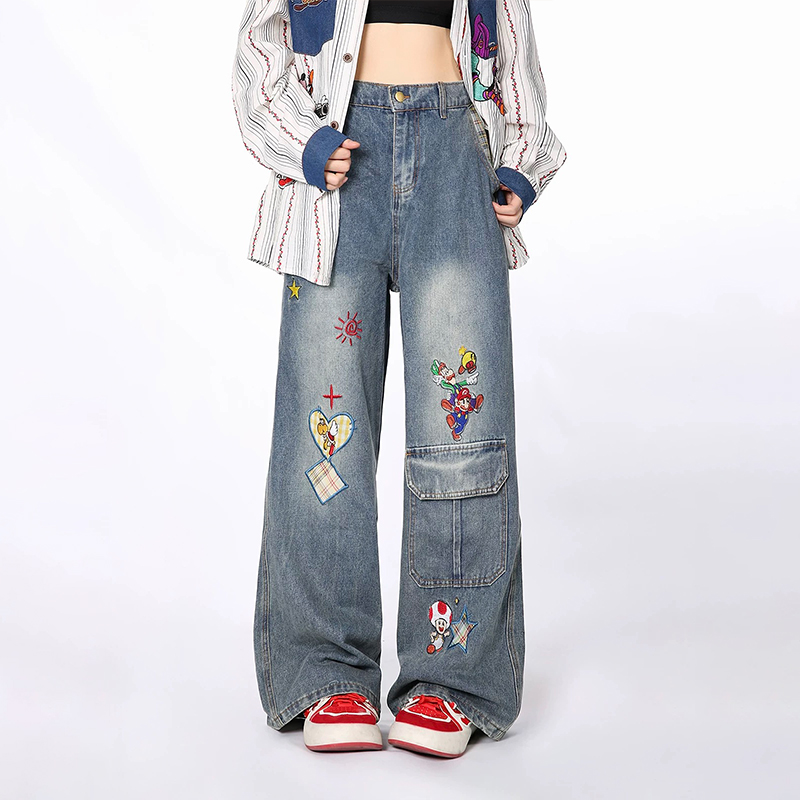 美式復古趣味圖案刺繡做舊牛仔長褲設計感小眾直筒情侶牛仔褲
