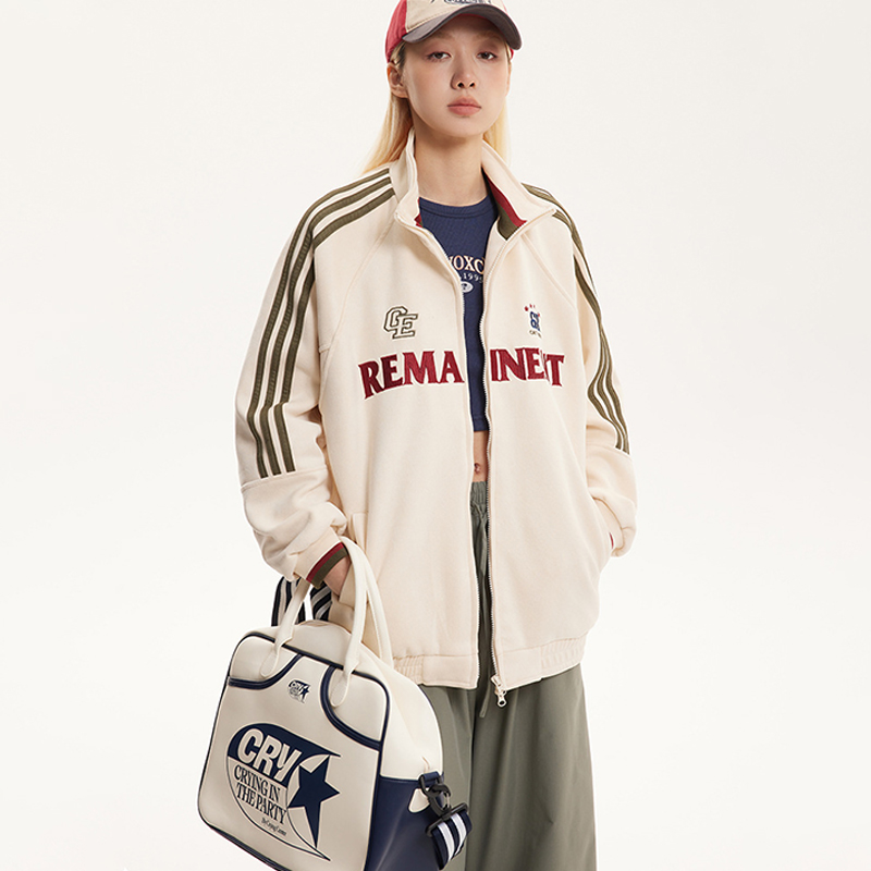 美式復古字母刺繡麂皮絨棒球服寬鬆學院風情侶夾克外套