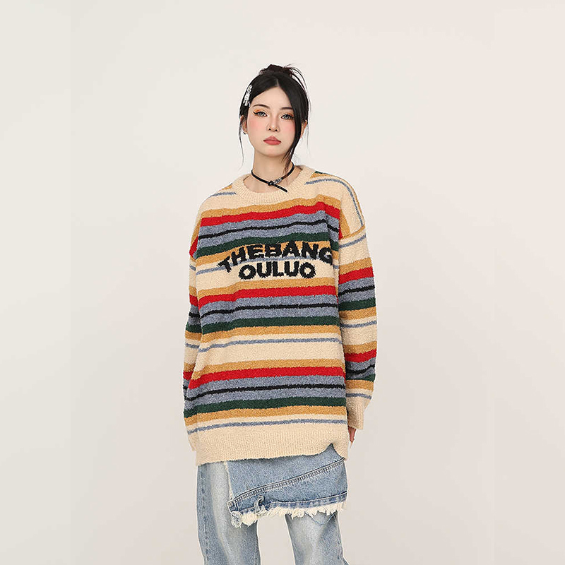 美式復古彩色條紋秋冬加厚針織衫寬鬆設計感慵懶風情侶毛衣