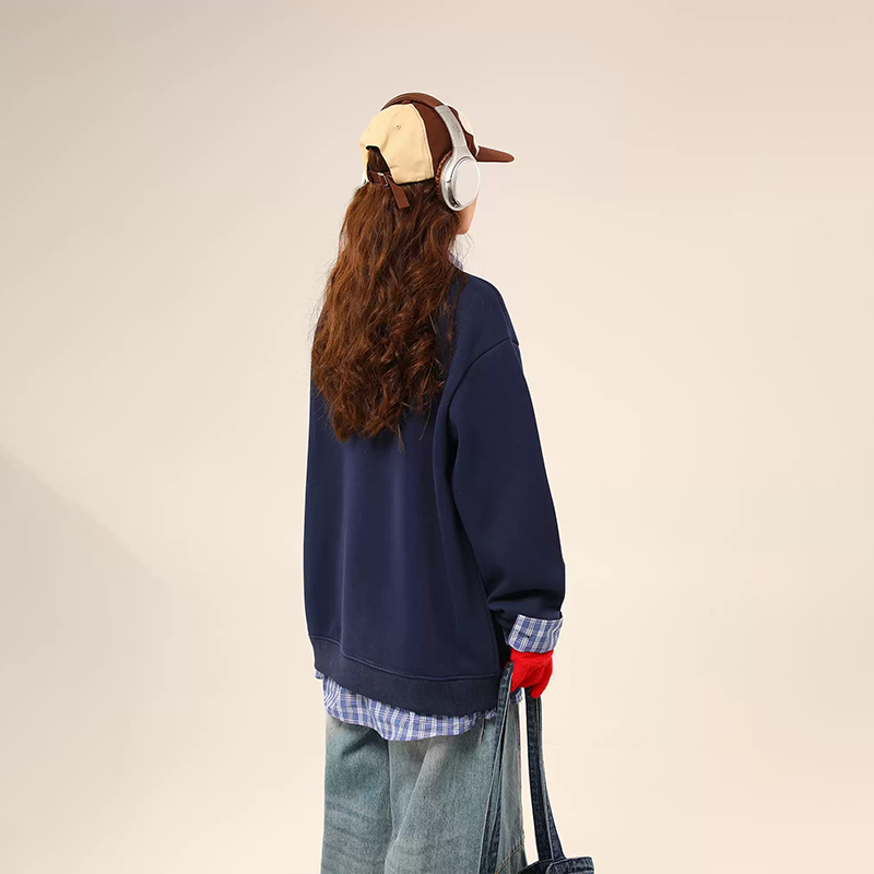 美式復古格紋拼接Polo領加絨衛衣學院風襯衫拼接假兩件情侶套頭上衣