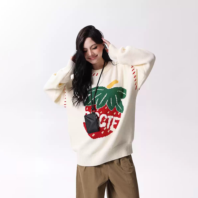 美式甜酷草莓提花針織衫慵懶風軟糯寬鬆情侶毛衣