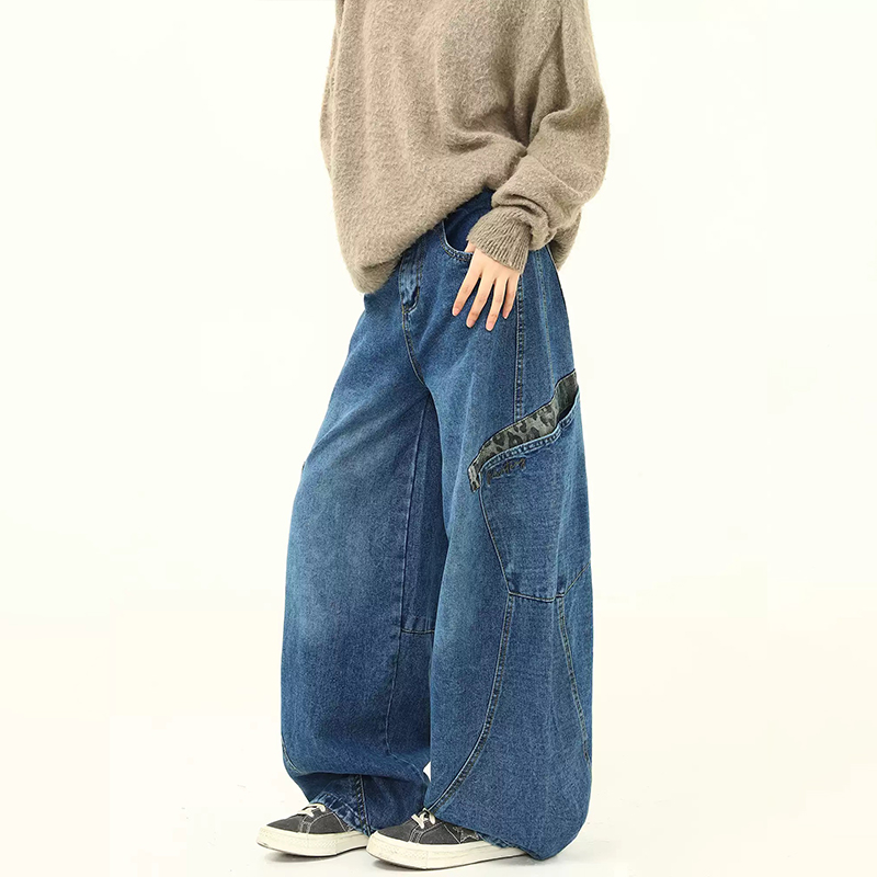 美式復古街頭設計感廓形彎刀牛仔褲多口袋潮流寬鬆香蕉褲