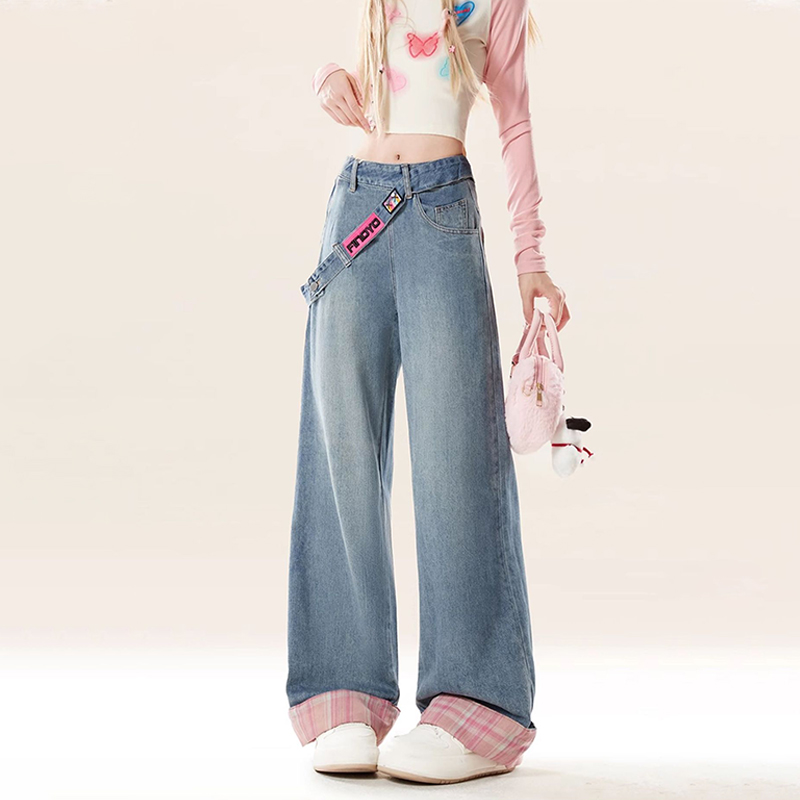 美式復古侧边拉链牛仔裤設計感可拆卸腰帶格紋拼接阔腿裤