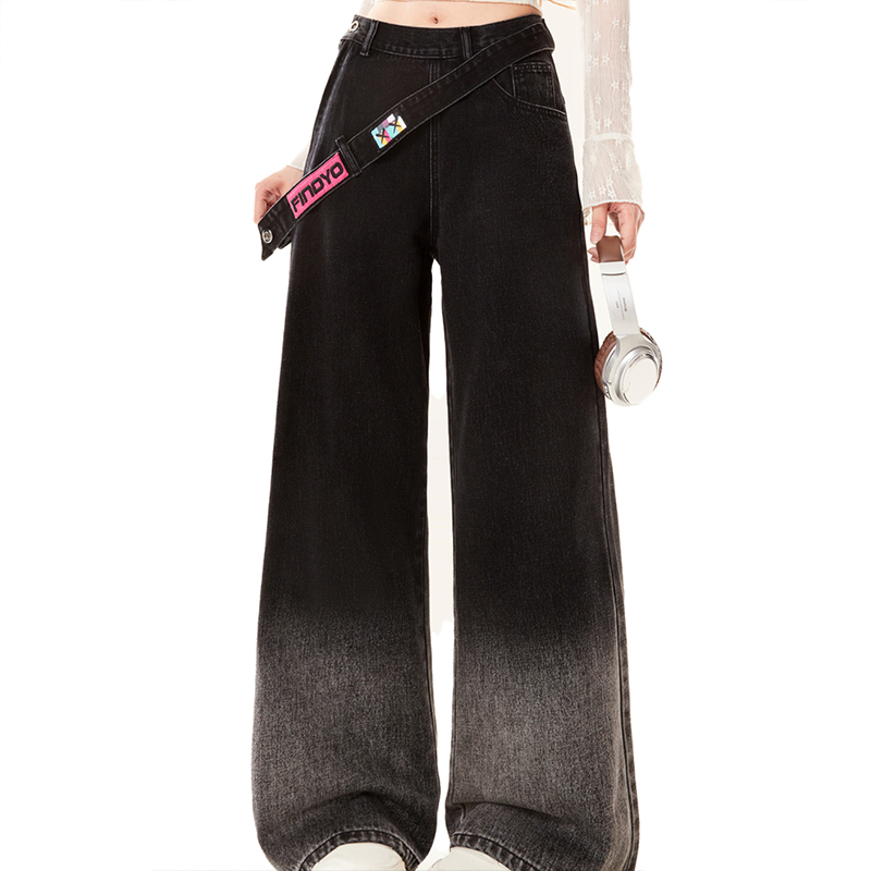 側邊拉鍊漸變黑色牛仔褲秋季高腰美式寬褲梨型身材寬鬆長褲