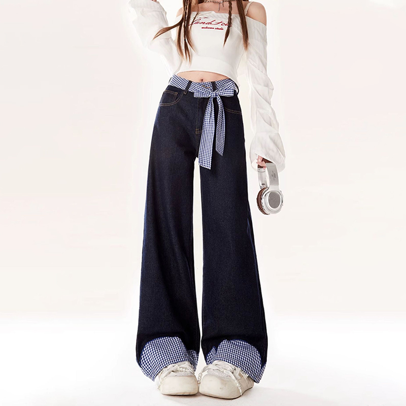 美式復古慵懶拼接寬鬆牛仔褲春秋蝴蝶結綁帶設計感拖地褲