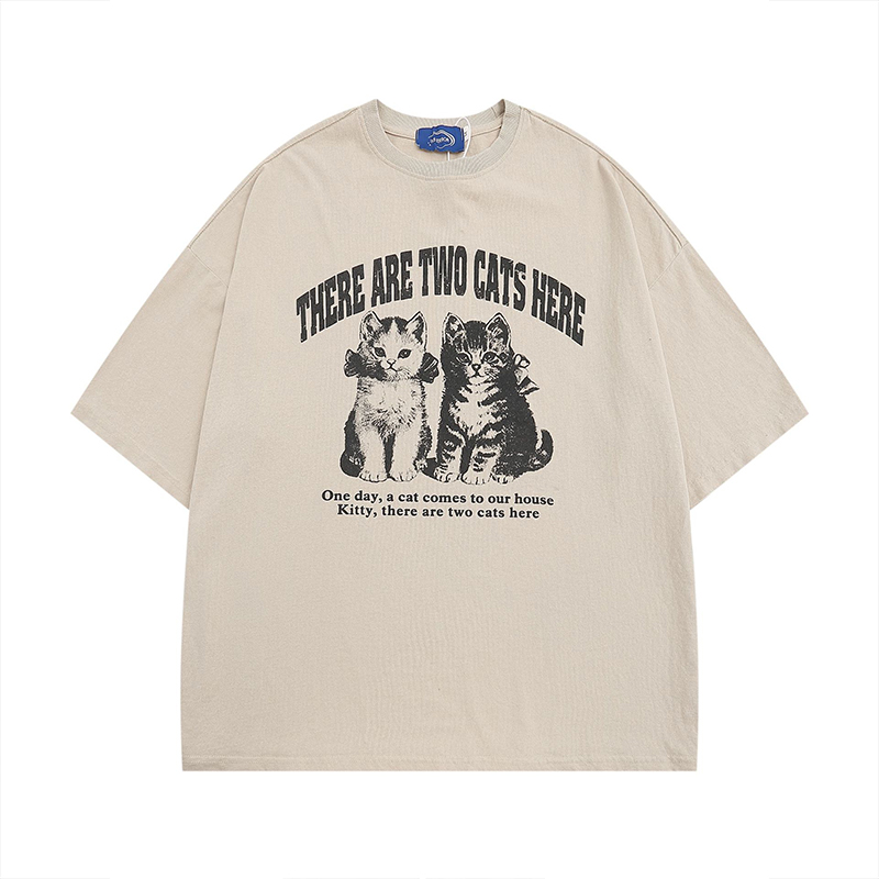 美式復古黑貓印花短袖T卹夏季寬鬆水洗做舊潮牌情侶Tee