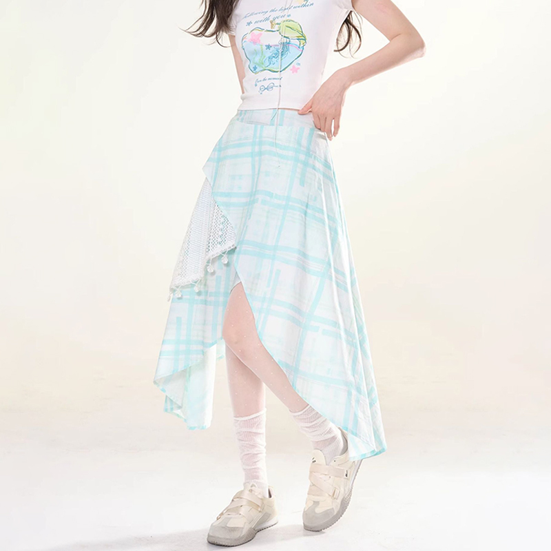 蕾絲拼接半身裙不規則設計感清新高腰百搭小眾裙