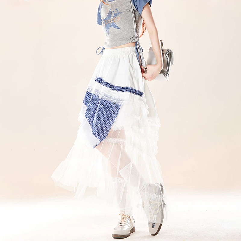 設計感花邊拼接格紋拼色長裙女夏季層疊荷葉邊不規則半身裙