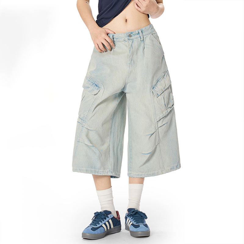 美式復古水洗做舊牛仔短褲男女潮牌高級痞帥風闊腿七分褲